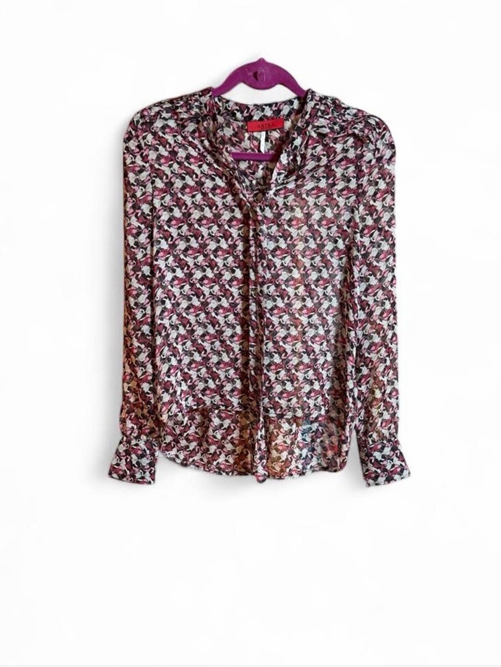 Akira Chicago Black Semi Sheer Blouse with Floral Print and Tie Front Sz S